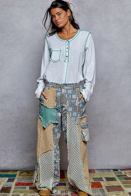 POL Round Neck Long Sleeve Top with Contrast Stitching