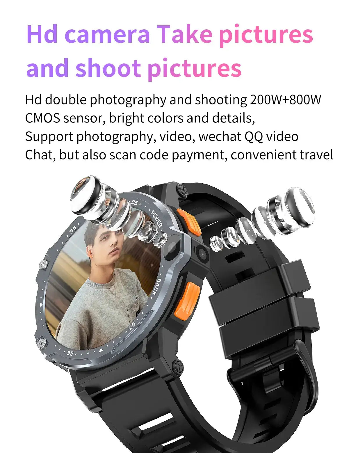 Black 4G Android Smartwatch with HD Camera, GPS, SIM Slot, and 64GB ROM, width 750px height