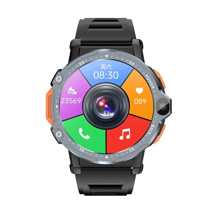 Black and orange 4G Android Smartwatch with GPS HD Camera 64GB ROM, decorative root design, width 750px height