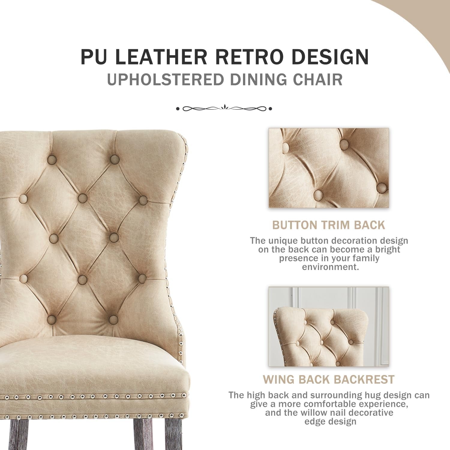 Leather Dining Chairs Set of 4, Upholstered Dining Chair with Nailhead Trim and Solid Wood Legs, Luxury Wingback Dining Side Chair for Living Room, Bedroom, Kitchen (Beige)-1