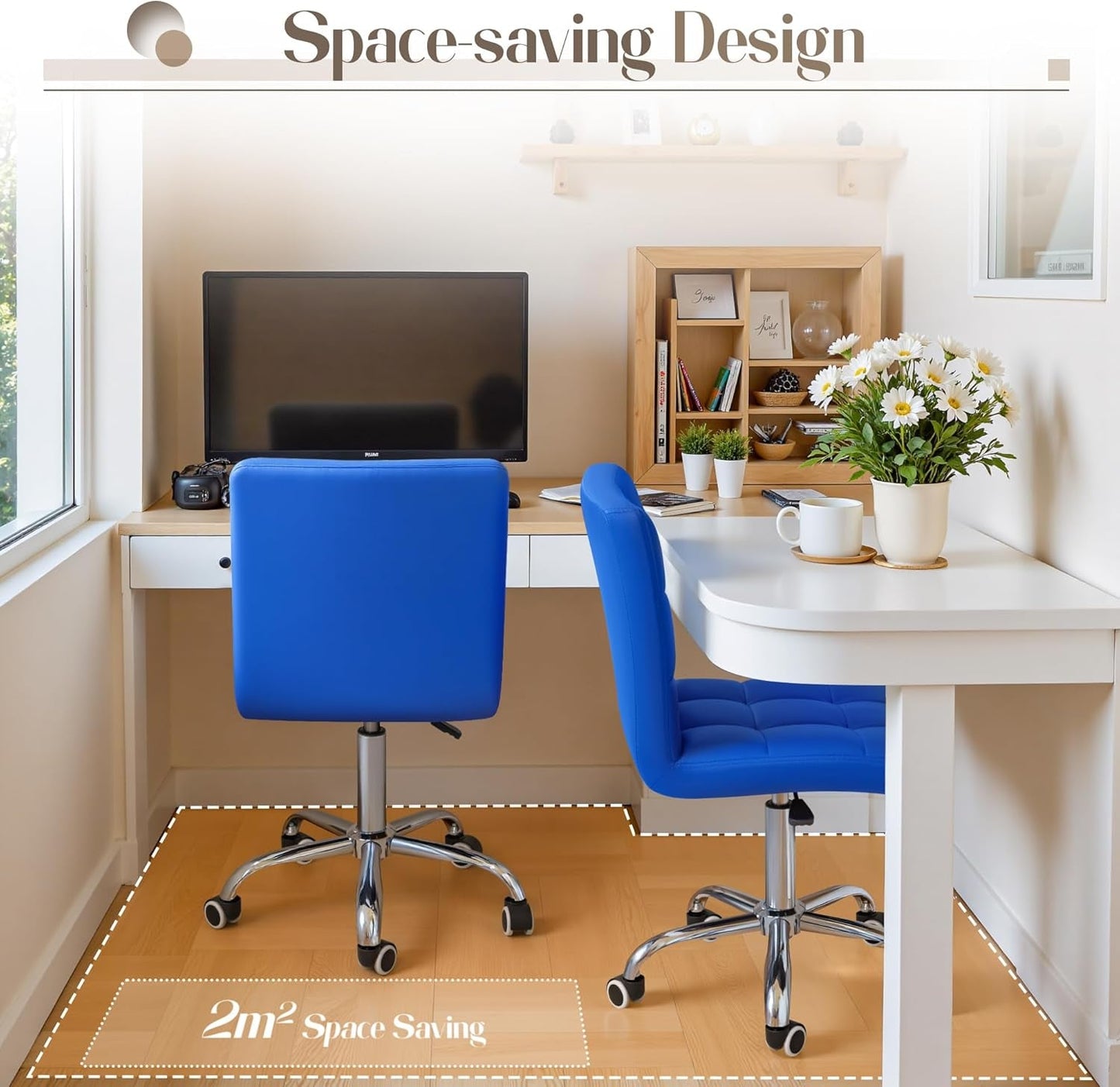 Mid-Back Office Task Chair Ribbed PU Leather Executive Chair Modern Adjustable Home Desk Chair Retro Comfortable Work Chair 360 Degree Swivel with Arms (Blue)-4