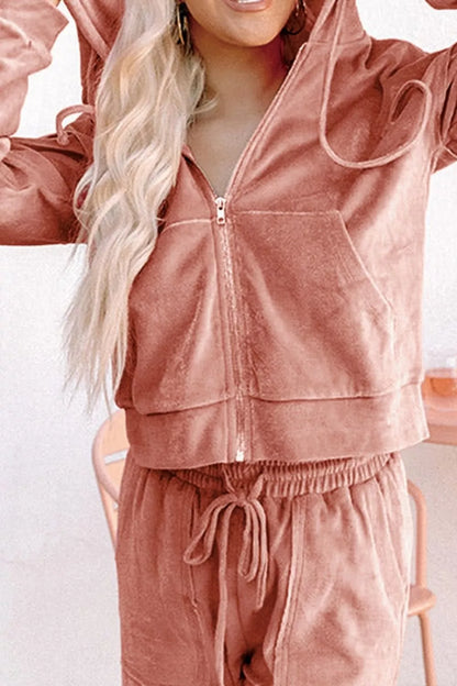 Zip Up Dropped Shoulder Hooded Top and Pants Set