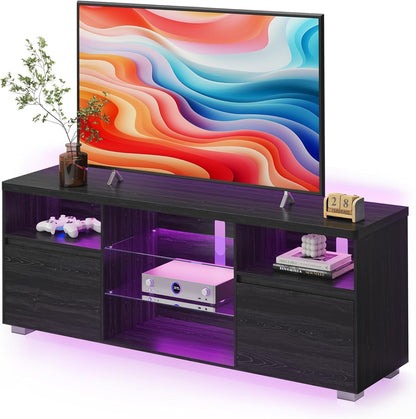 TV Stand with LED Lights for Tvs up to 70 Inch, Entertainment Center with Open Glass Shelves, 2 Cabinets with Doors, 63-Inch Long, TV Console for Bedroom Living Room, Black ULTV330T21-0