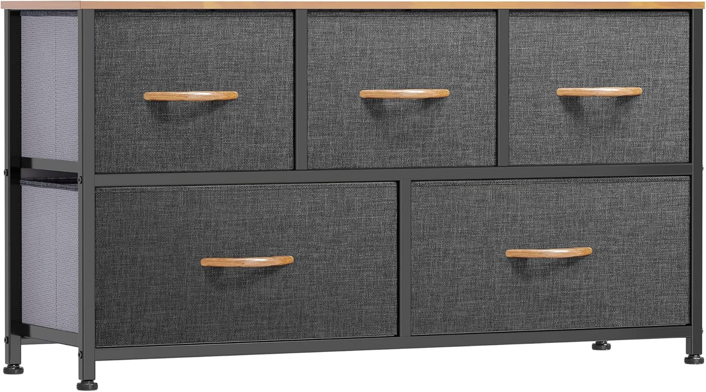 Dresser TV Stand, Fabric Dresser with 5 Drawers, Dresser for Bedroom, Wide Dresser, Storage Tower, Chest of Drawers for Closet, Living Room, Hallway, Dull Grey-0