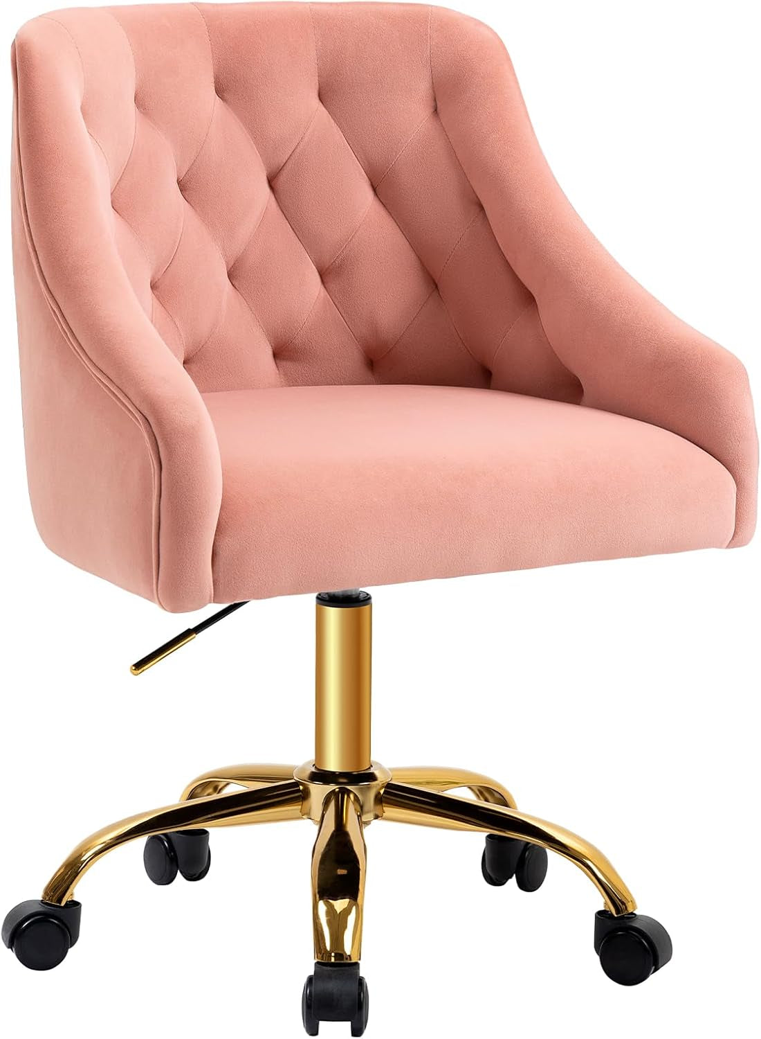 Velvet Office Swivel Chair, Vanity Chair, Fabric Desk Chair, Pretty Fancy Chair, Gold Office Chair for Girls, 360°Swivel Height Adjustable Reception Chair (Pink)-0