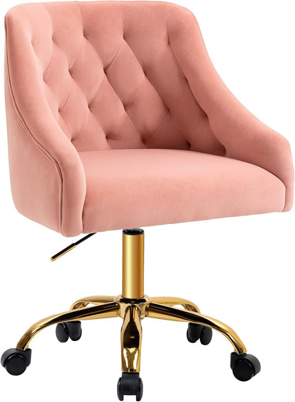 Velvet Office Swivel Chair, Vanity Chair, Fabric Desk Chair, Pretty Fancy Chair, Gold Office Chair for Girls, 360°Swivel Height Adjustable Reception Chair (Pink)-0