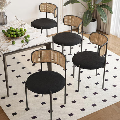Kitchen Chairs Set of 4, Mid-Century Modern Dining Chairs,Kitchen Dining Room Chairs, Rattan Backrest round Upholstered Sherpa Dining Chairs,Black-0
