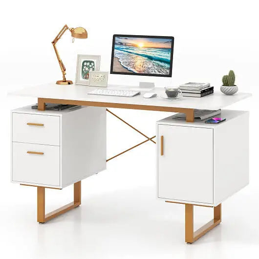 51 Inch Computer Desk with Floating Desktop and Dual Drawers-White - Color:White - Computer Desks