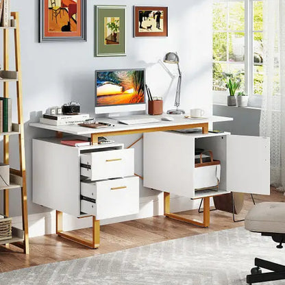 51 Inch Computer Desk with Floating Desktop and Dual Drawers-White - Color:White - Computer Desk