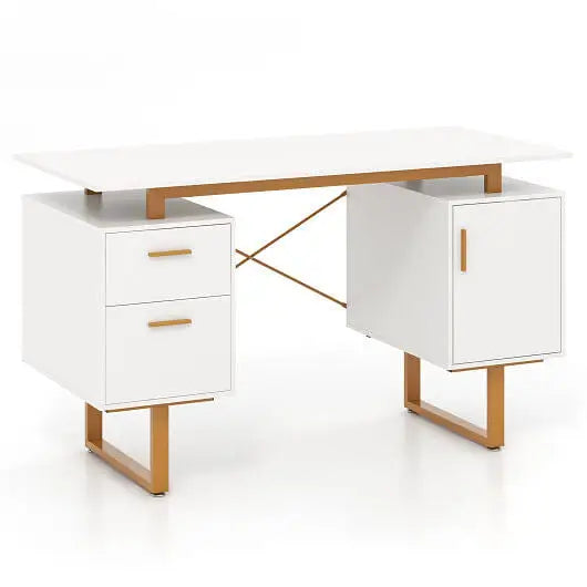 51 Inch Computer Desk with Floating Desktop and Dual Drawers-White - Color:White - Computer Desks