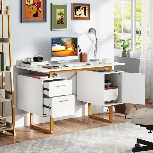 51 Inch Computer Desk with Floating Desktop and Dual Drawers-White - Color:White - Computer Desks