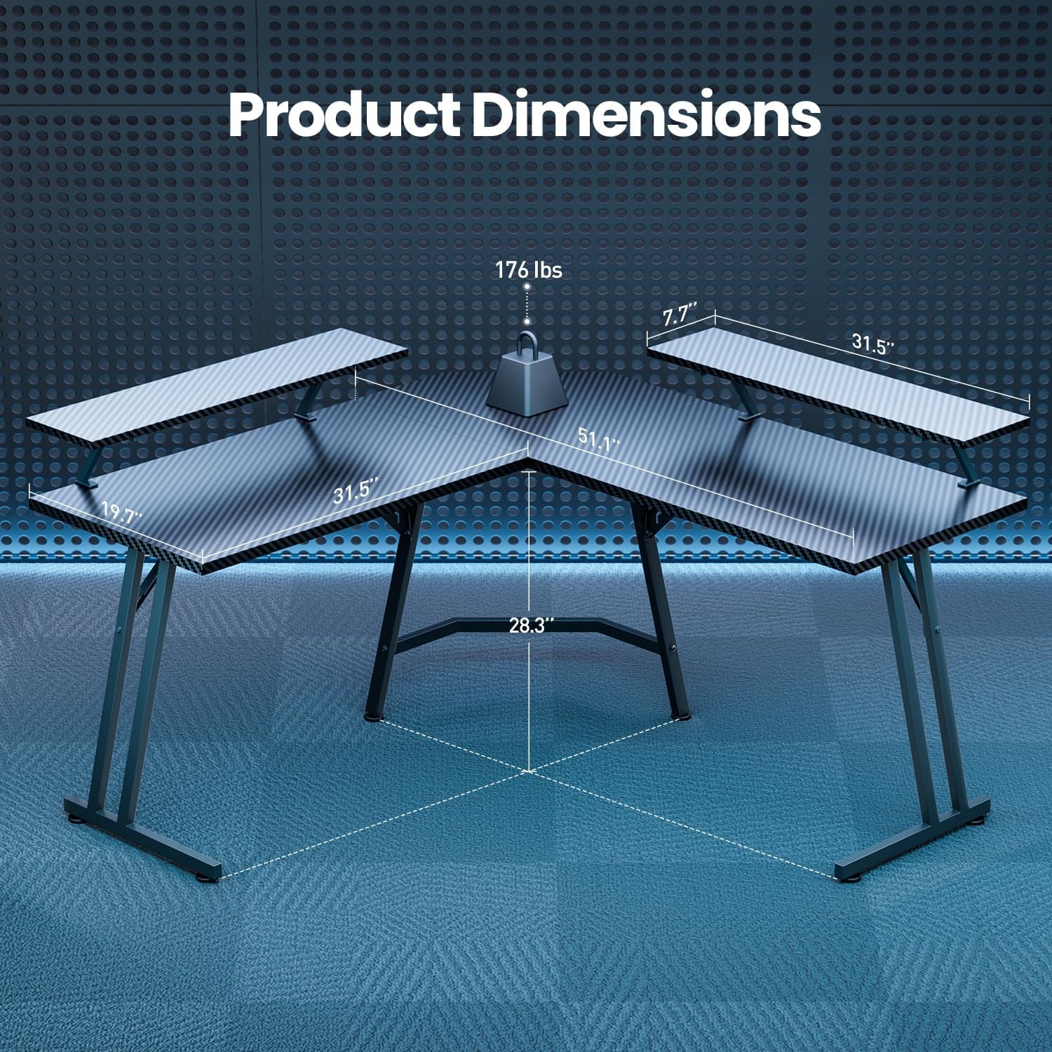 51 Inch L Shaped Gaming Desk with Monitor Stand and LED Lights, Corner Computer Desk with Carbon Fiber Surface, PC Gaming Table for Home Office Writing Workstation, Easy to Install, Black-2