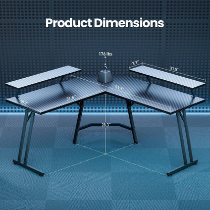 51 Inch L Shaped Gaming Desk with Monitor Stand and LED Lights, Corner Computer Desk with Carbon Fiber Surface, PC Gaming Table for Home Office Writing Workstation, Easy to Install, Black-2
