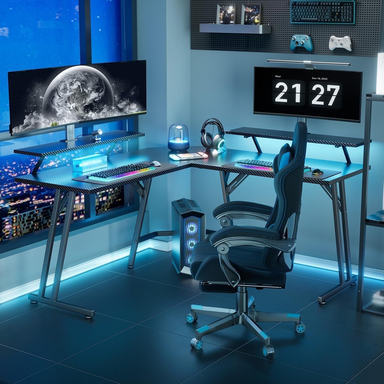 51 Inch L Shaped Gaming Desk with Monitor Stand and LED Lights, Corner Computer Desk with Carbon Fiber Surface, PC Gaming Table for Home Office Writing Workstation, Easy to Install, Black-1