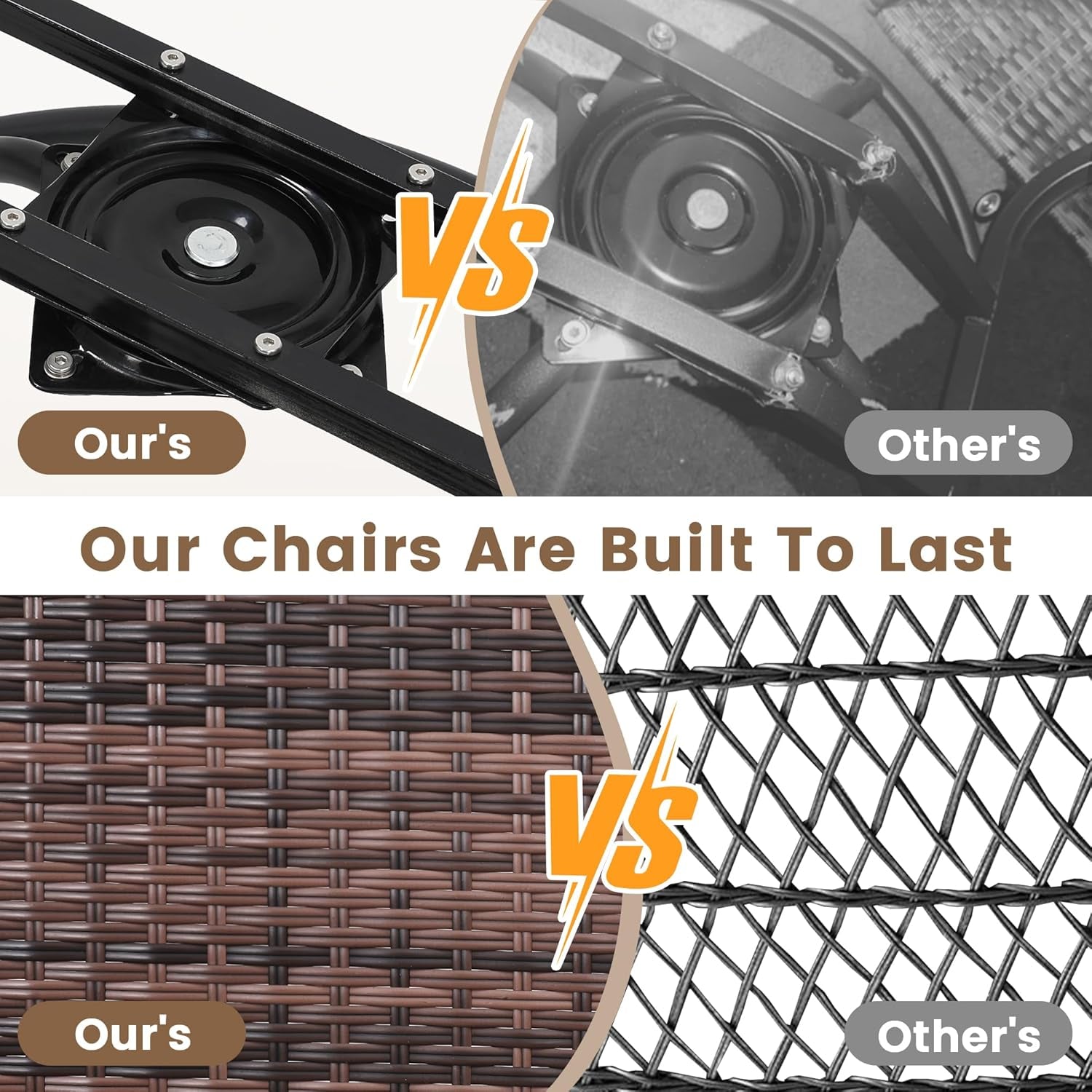 2 Luxury Outdoor Swivel Wicker Glider Patio Chairs with Table Set, Overstuffed Washable Cushions, Ideal for Porch, Balcony, Deck, Brown Rattan and Beige Cushions-3