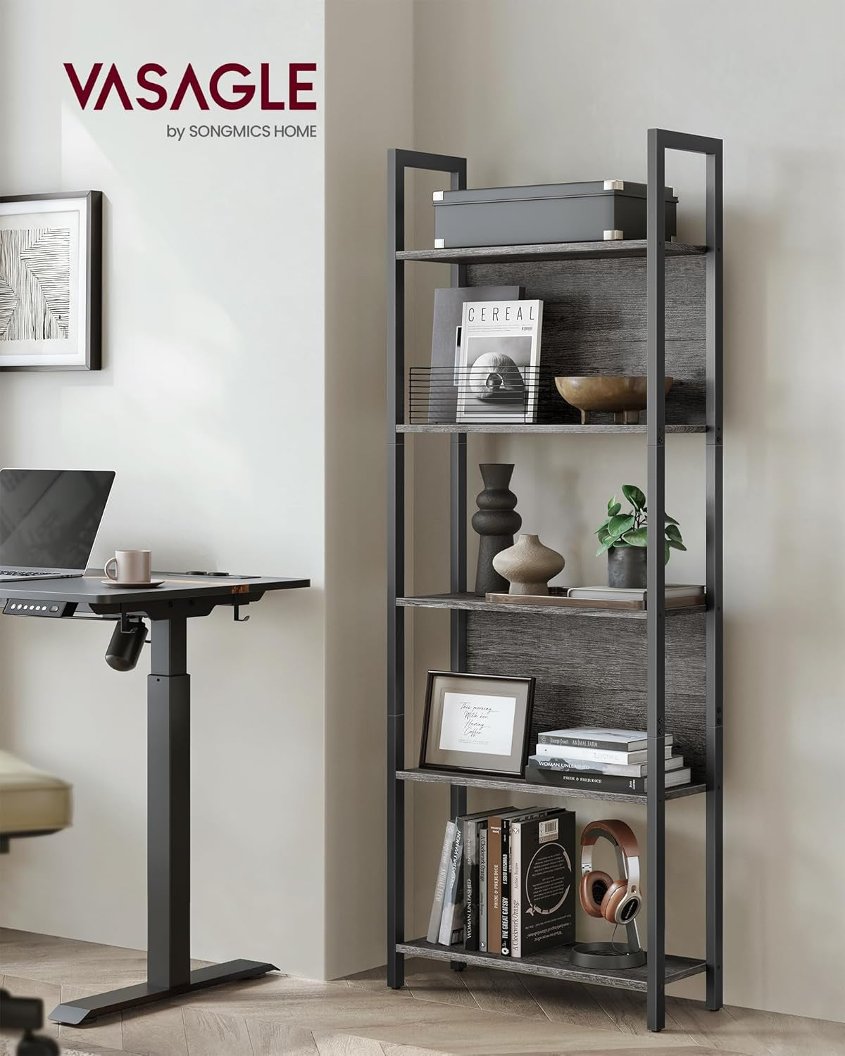 5-Tier Bookshelf, Book Shelf, Industrial Bookcase, with Steel Frame, for Living Room, Home Office, Bedroom, 9.4 X 24.4 X 65 Inches, Charcoal Gray and Black ULLS025B04-1