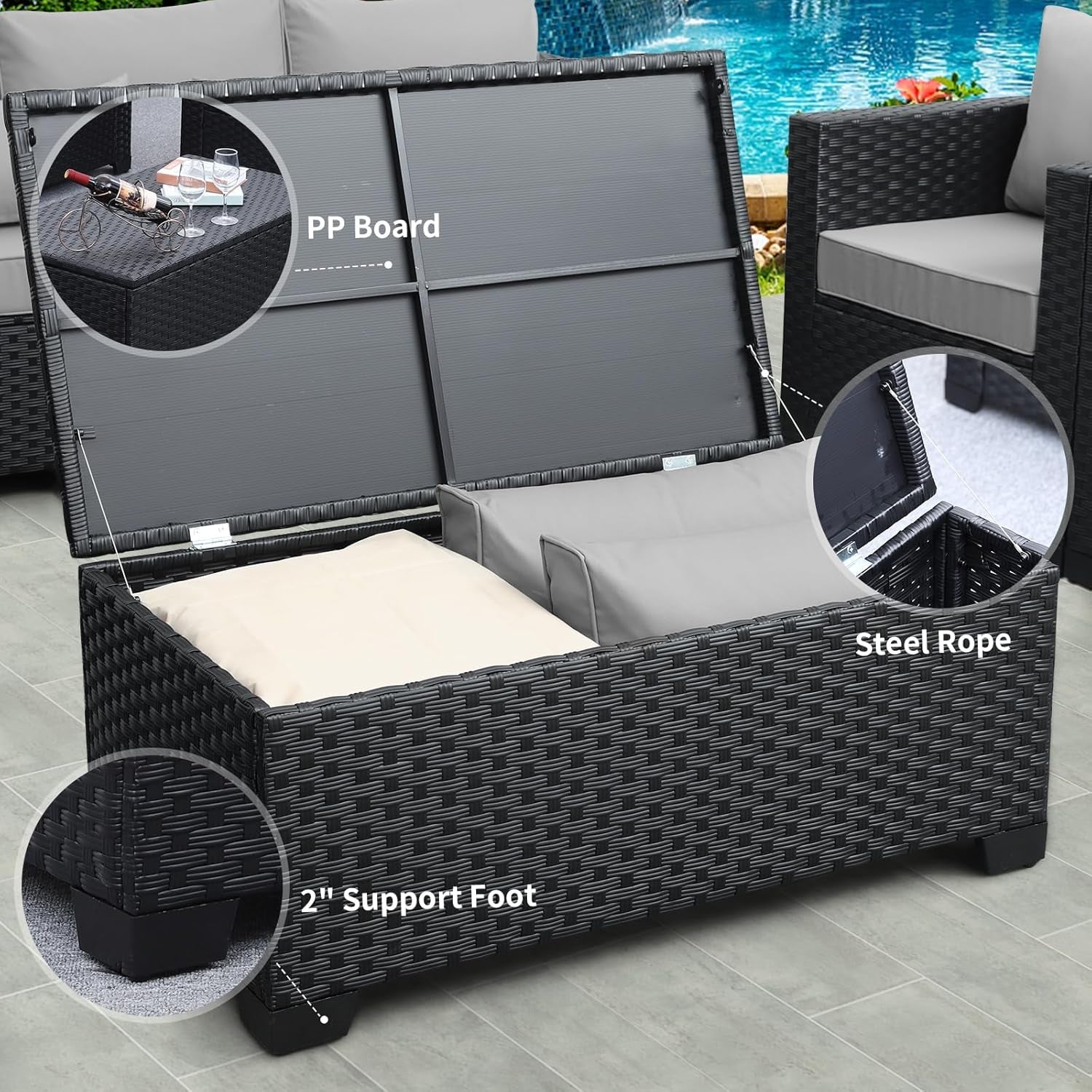 Patio Wicker Furniture Set 6 Pieces Outdoor HDPE Wicker Conversation Couch Sectional Chair Sofa Set with Grey Cushions-4