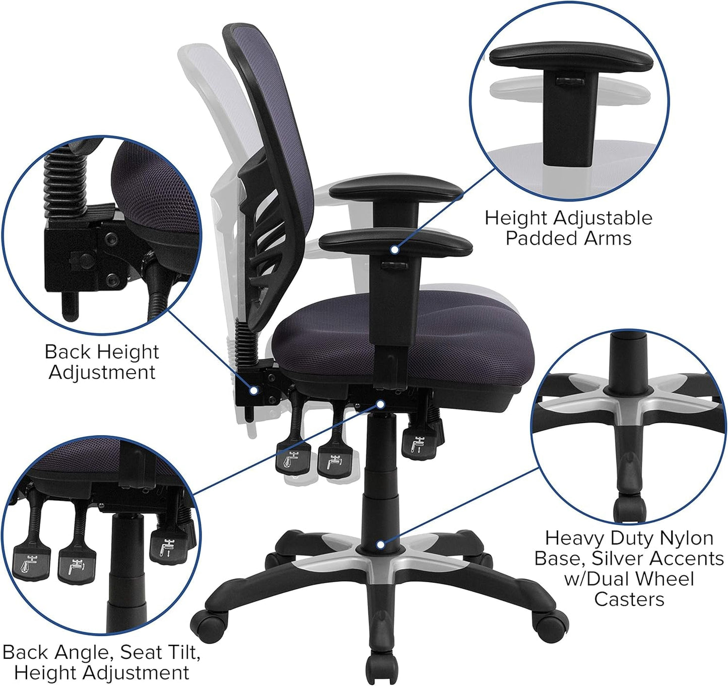 Nicholas Mid-Back Swivel Office and Gaming Chair, Ergonomic Mesh Office Chair with Adjustable Lumbar Support and Height, Dark Gray-3