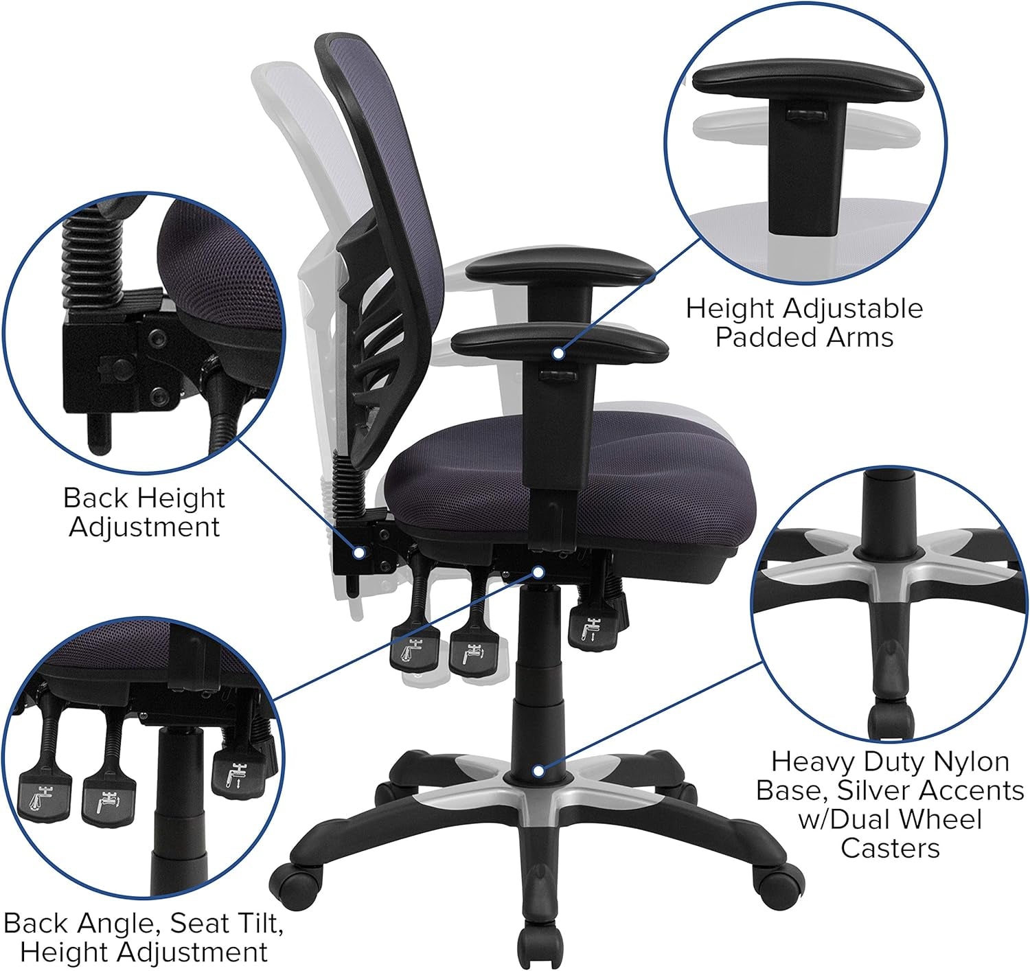 Nicholas Mid-Back Swivel Office and Gaming Chair, Ergonomic Mesh Office Chair with Adjustable Lumbar Support and Height, Dark Gray-3