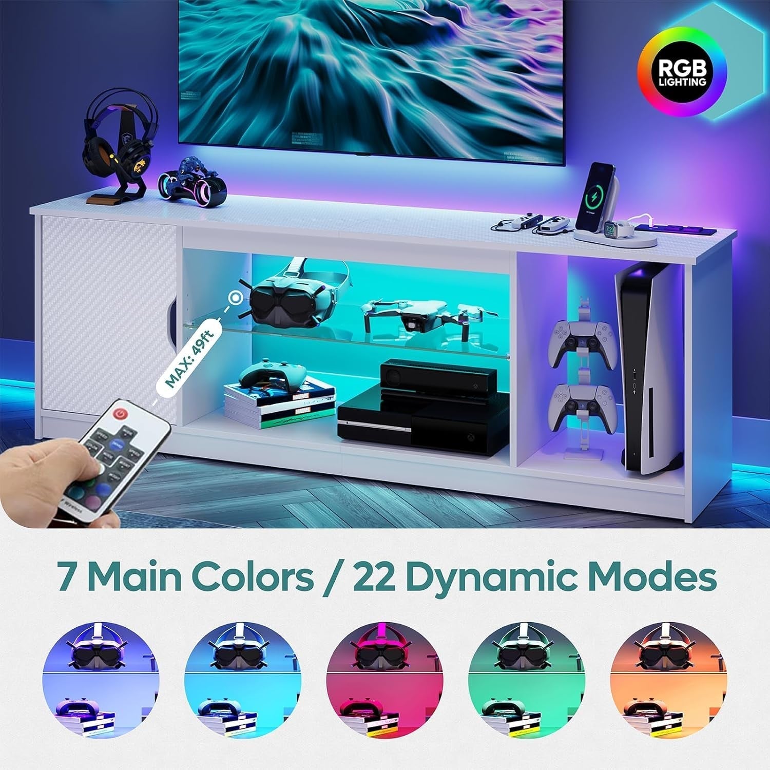 LED TV Stand with Power Outlets for 55/60/65 Inch TV, Gaming Entertainment Center with Cabinet for PS5, Modern TV Cabinet with Adjustable Glass Shelves for Bedroom 58 Inch Carbon Fiber White-2