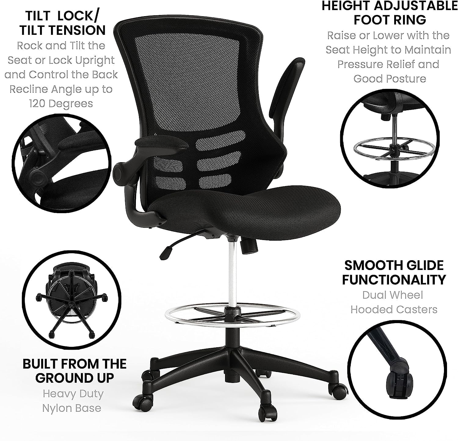 Kelista Mid-Back Swivel Office Chair with Adjustable Seat Height, Ergonomic Mesh Desk Chair with Flip-Up Armrests, Black-4