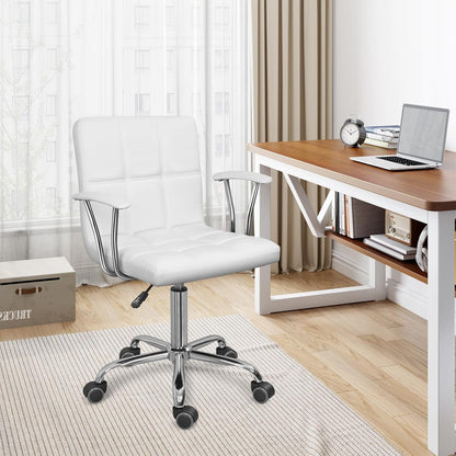 Home Office Desk Chair with Armrest and Wheels, Modern PU Leather Mid-Back Office Task Chair, Height Adjustable Swivel Computer Chairs for Home Office, White-1