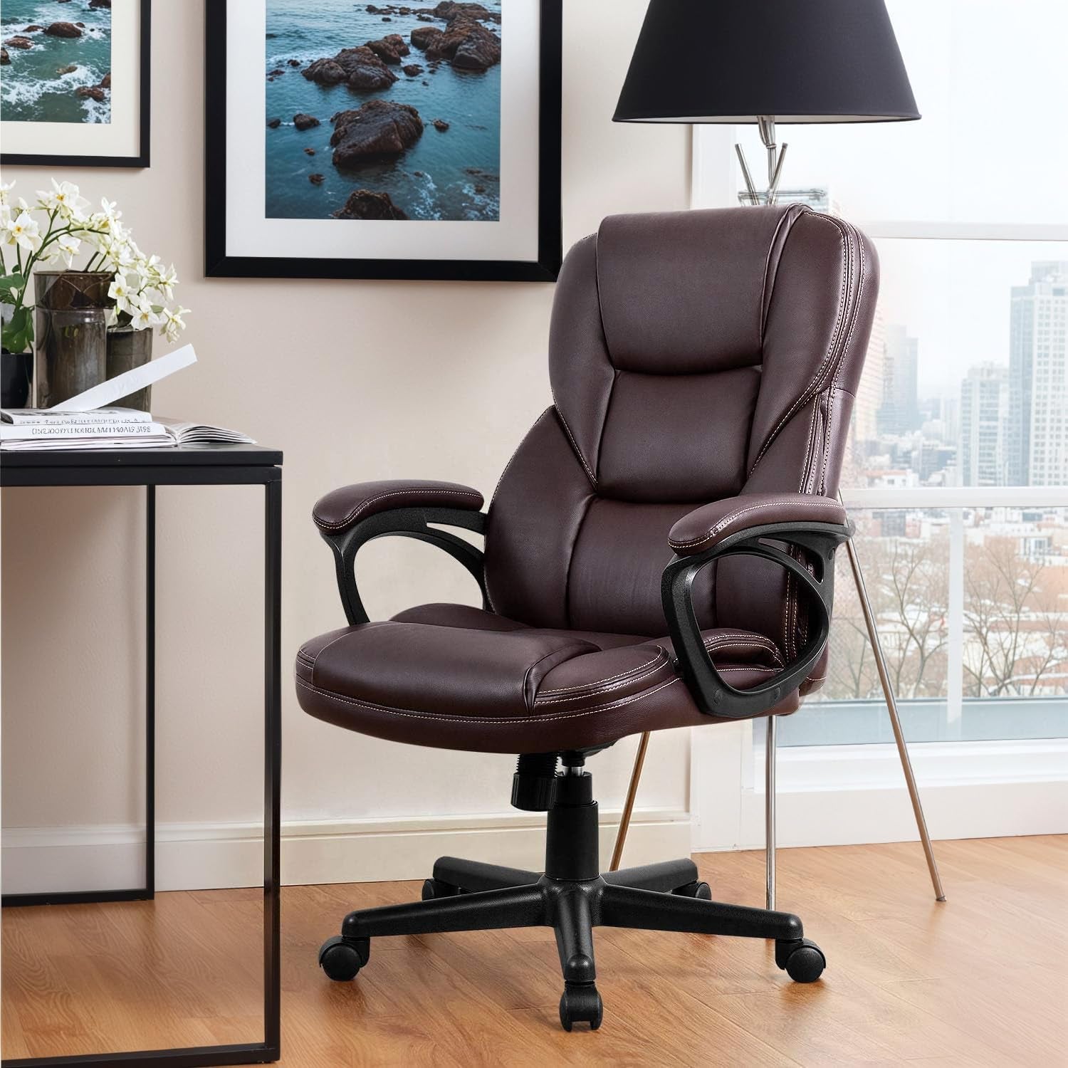 Office Executive Chair High Back Adjustable Managerial Home Desk Chair, Swivel Computer PU Leather Chair with Lumbar Support (Brown)-1