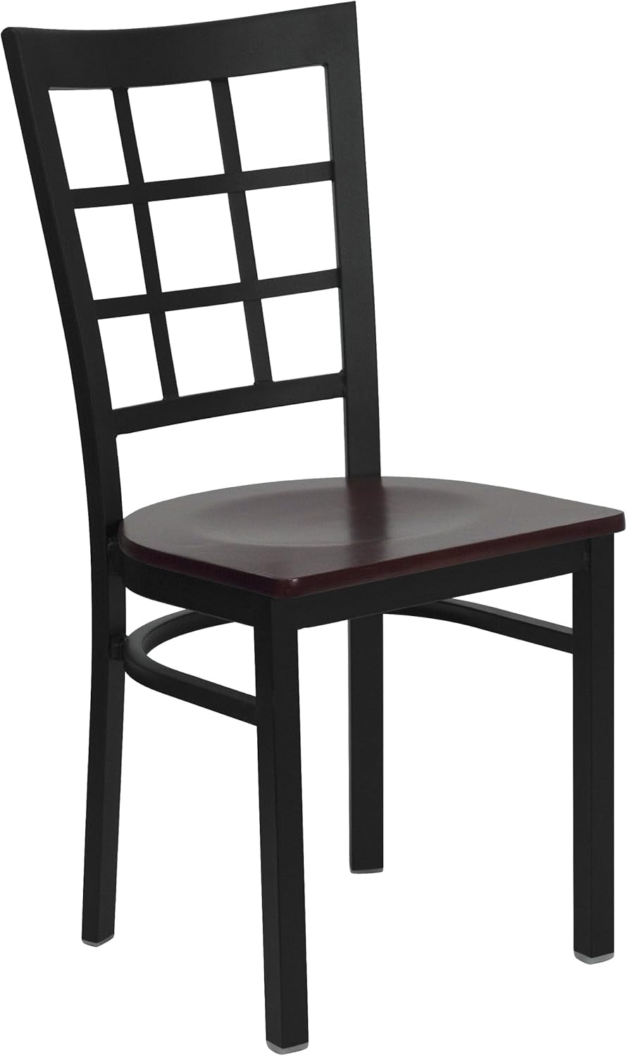 HERCULES Series Black Window Back Metal Restaurant Chair - Mahogany Wood Seat-0