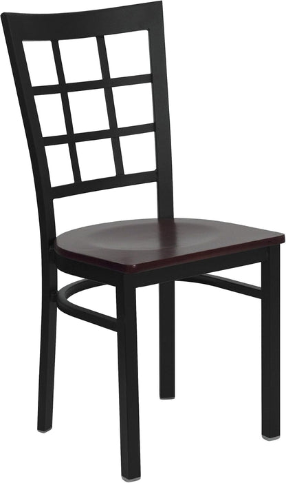 HERCULES Series Black Window Back Metal Restaurant Chair - Mahogany Wood Seat-0