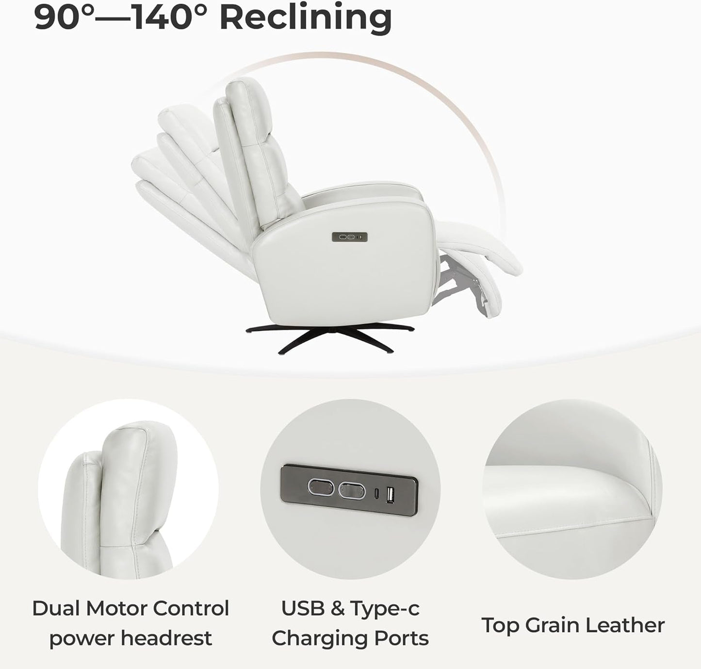 Light Grey Leather Power Swivel Recliner USB-C-3