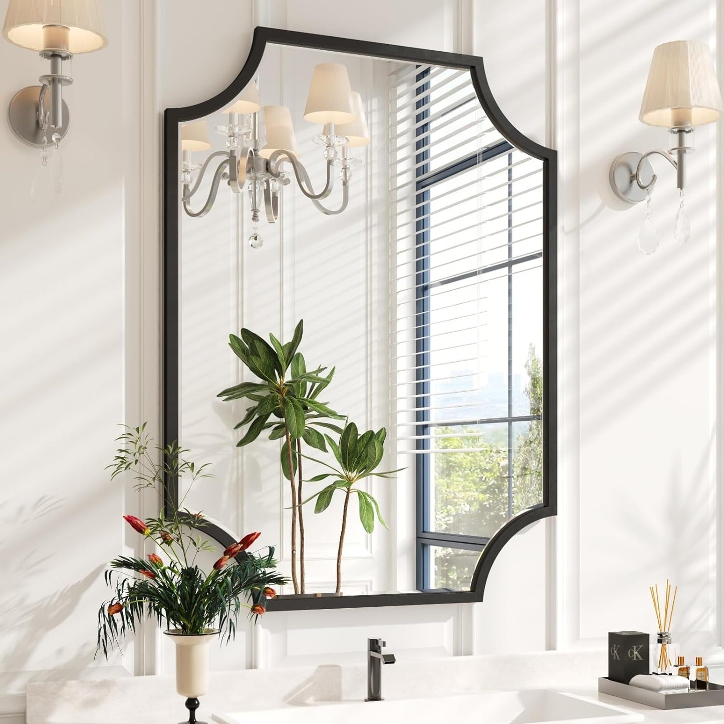 30"X40" Large Black Bathroom Mirror for Wall, Gold Scalloped Vanity Mirror Bevelled Framed Decorative Mirror for Master Bath Half Bath Entrance Hallway Fireplace Bedroom Living Room-0