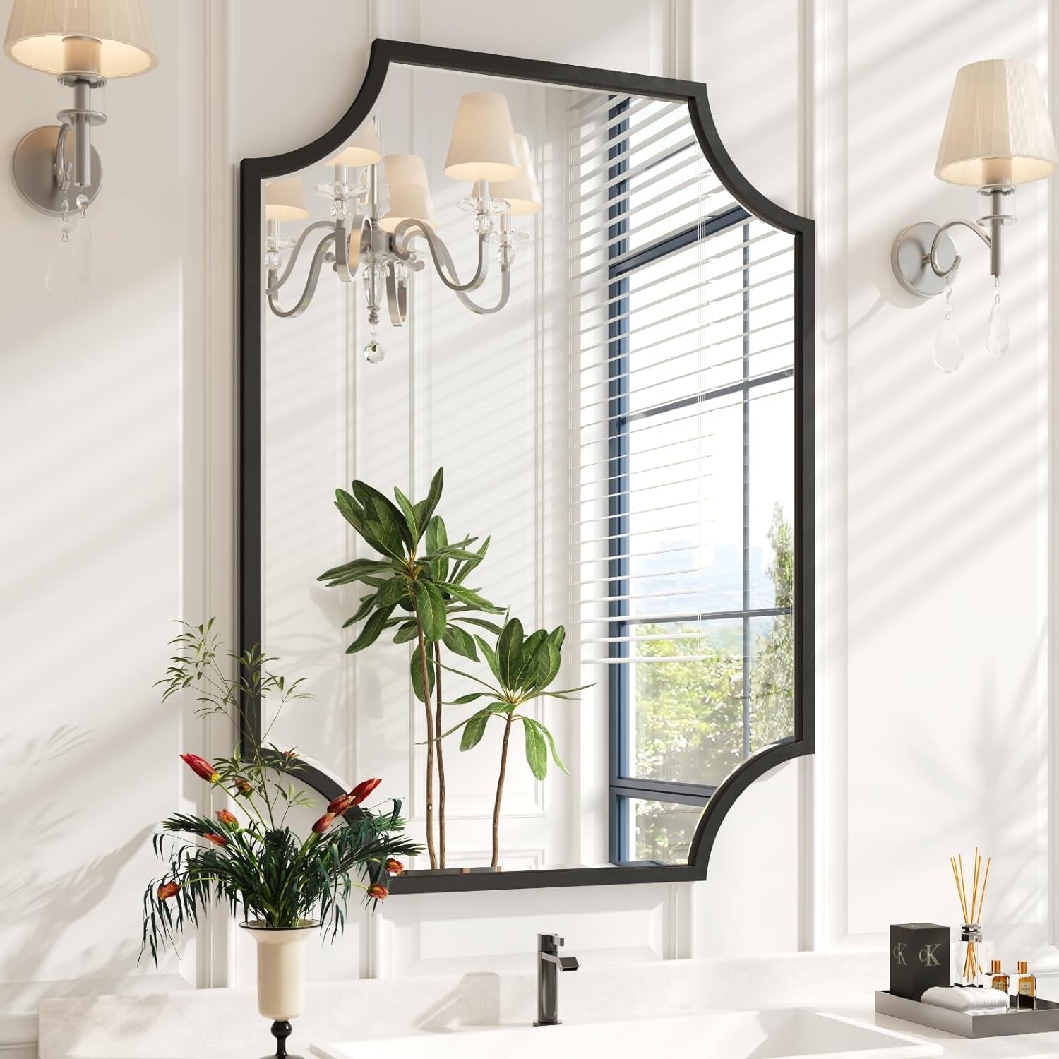 30"X40" Large Black Bathroom Mirror for Wall, Gold Scalloped Vanity Mirror Bevelled Framed Decorative Mirror for Master Bath Half Bath Entrance Hallway Fireplace Bedroom Living Room-0