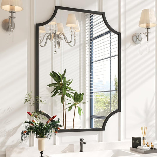 30"X40" Large Black Bathroom Mirror for Wall, Gold Scalloped Vanity Mirror Bevelled Framed Decorative Mirror for Master Bath Half Bath Entrance Hallway Fireplace Bedroom Living Room-0