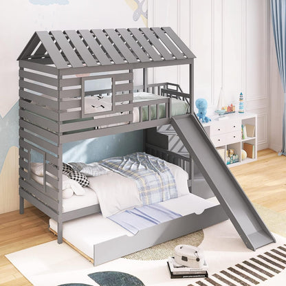Twin over Twin House Bunk Bed, Wooden Bed Frame with Trundle and Slide, Storage Staircase, Roof and Window Design, Gray-3