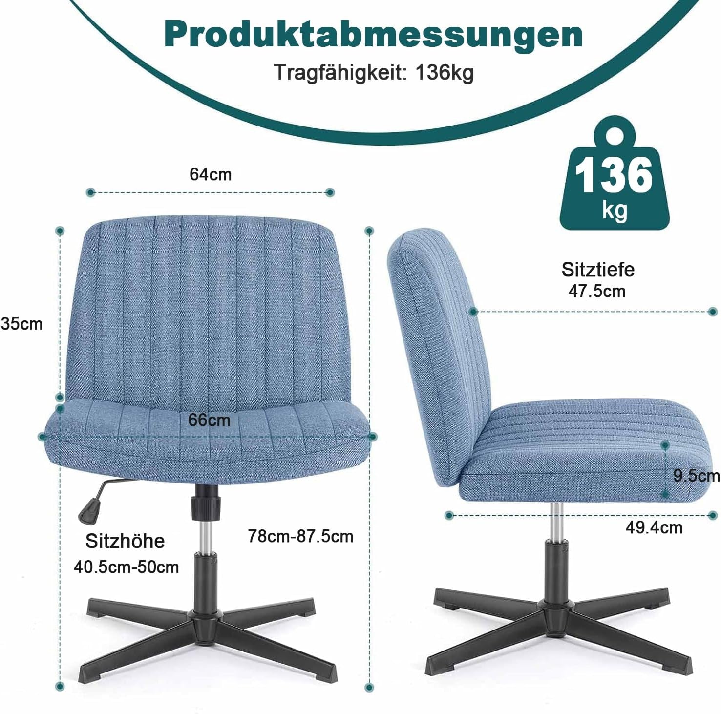 Cross Legged Office Chair, Armless Wide Desk Chair No Wheels, Modern Home Office Desk Chair Swivel Adjustable Fabric Vanity Chair-2