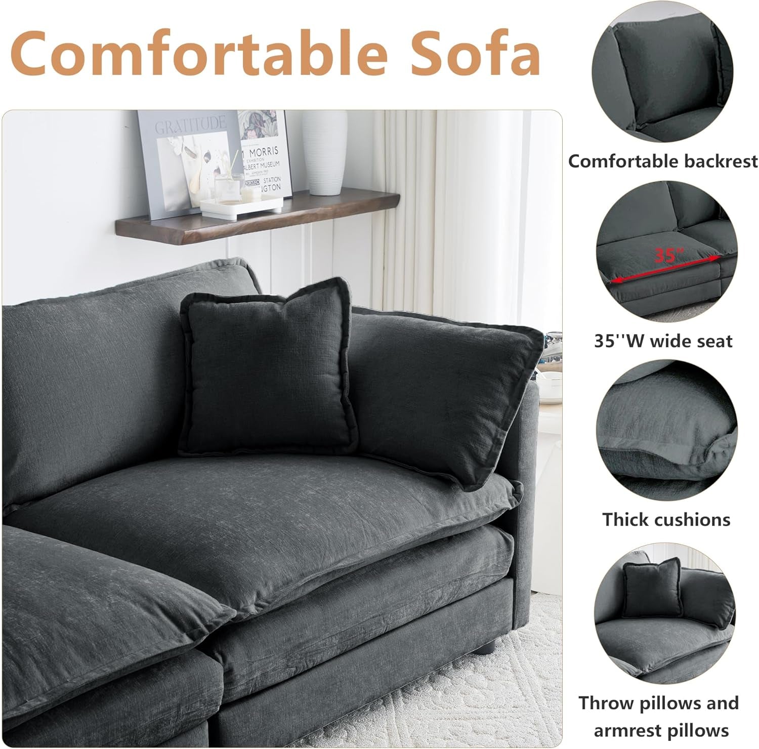 Luxury 3 Piece Sofa Set, 2 Pieces of Single Sofa and 1 Piece of 3 Seater Sofa, Modern Chenille Comfy Cloud Couches Set with 7 Pillows for Living Room Office, Grey-3