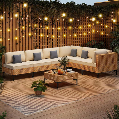 Paito Furniture Set, 110" Large 7-Piece Wicker Outdoor Paito Furniture Sets with Coffee Table,Boho Patio Conversation Set Sectional Sofa with All-Weather Cushions for Backyard,Porch,Beige-2