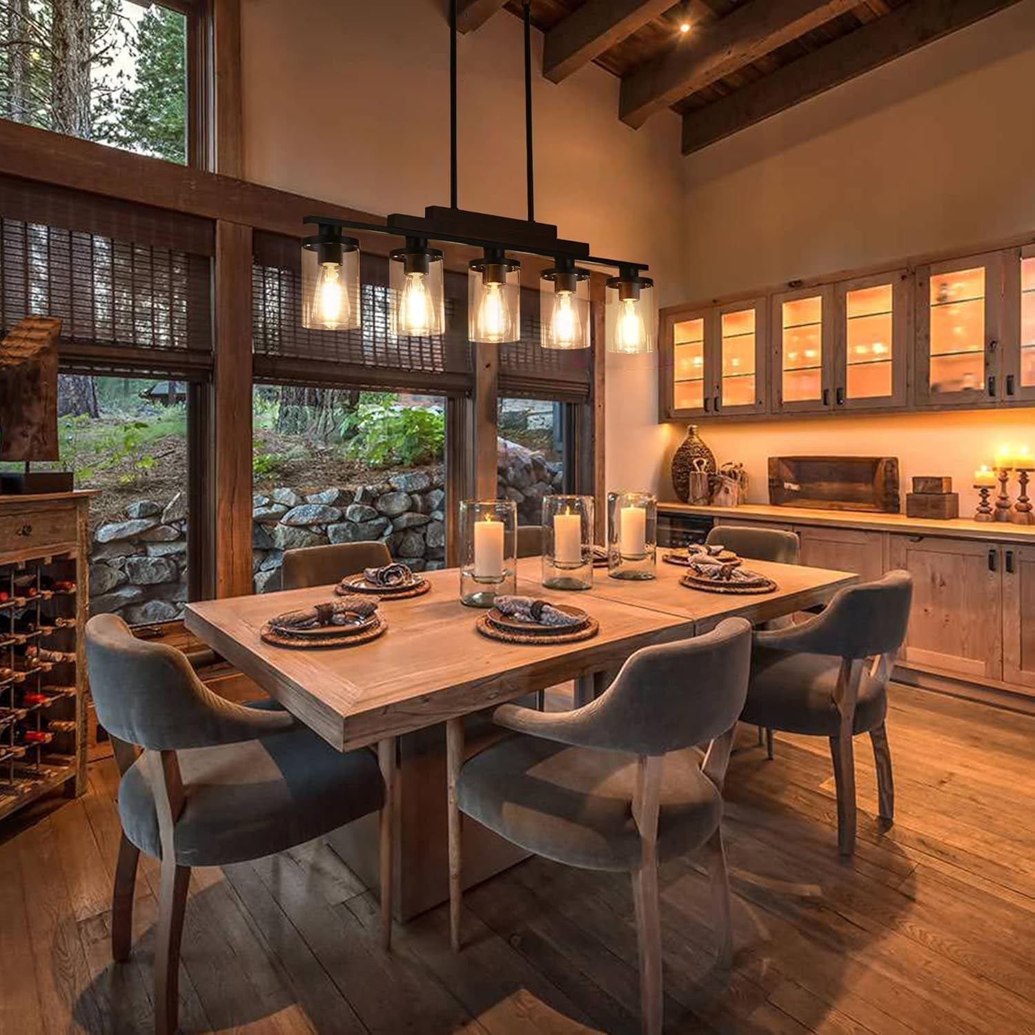 5-Light Farmhouse Linear Chandelier, Rustic Wood-0