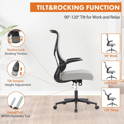Ergonomic Office Desk Computer Chair, Comfy High Back Swivel Rolling Home Mesh Gaming Chairs with Wheels, Lumbar Support, Flip-Up Arms,120°Tilt for Bedroom, Study, Work, Grey-3