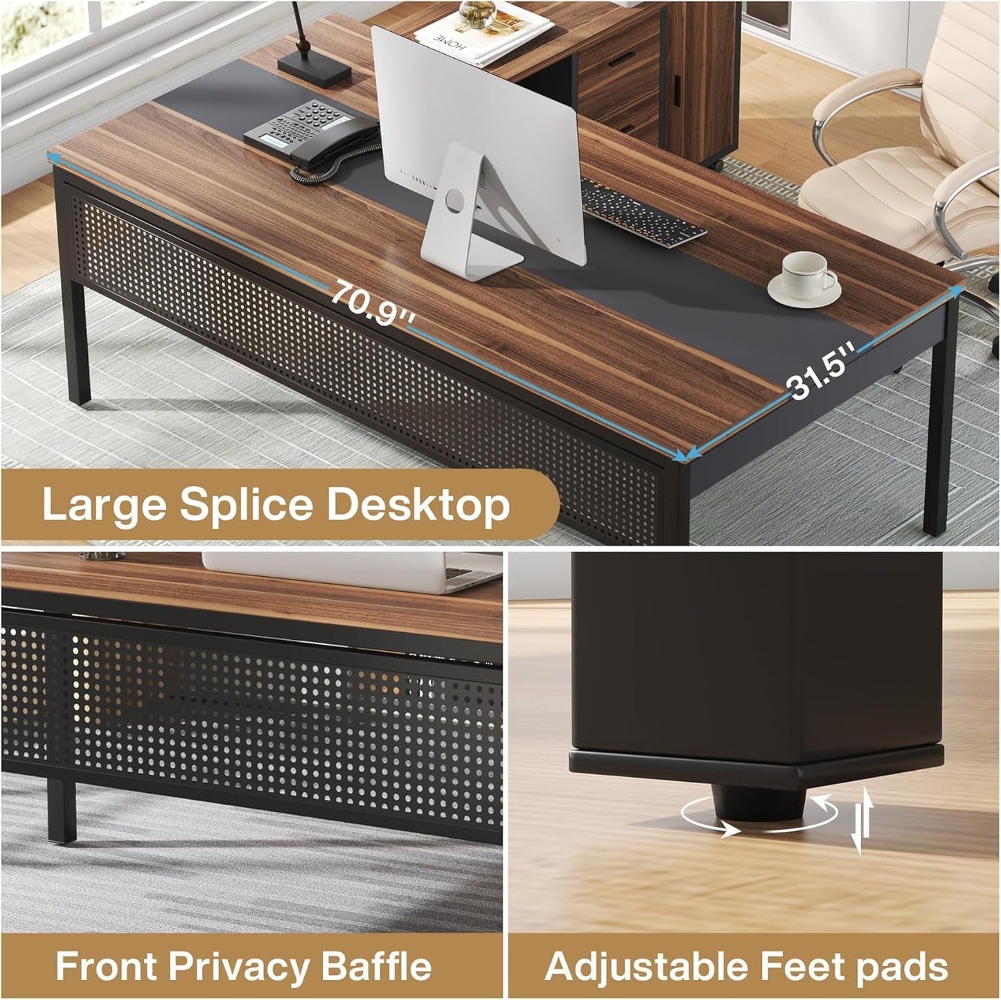 71" Walnut Executive L Desk with File Cabinet-3