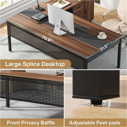 71" Walnut Executive L Desk with File Cabinet-3