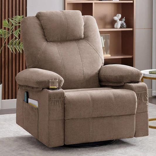 Oversized Swivel Rocker Recliner Chair with Heat and Massage, 360 Degree Swivel Rocking Single Sofa with Cup Holders and USB Port, Big Large Recliner Chair for Living Room (Fabric, Brown)-0