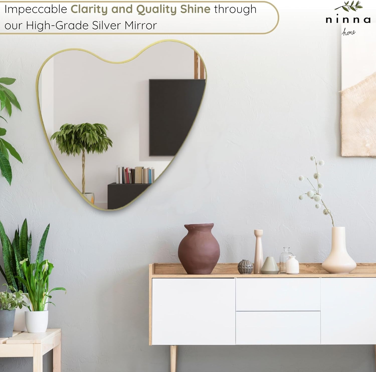 Elegant Irregular Heart Wall Mirror with Hand-Drawn Shape and Frameless Brass Edging - Modern Home Decor for Bedroom, Bathroom, Nursery, or Dorm Room - Large 26” X 26”-3