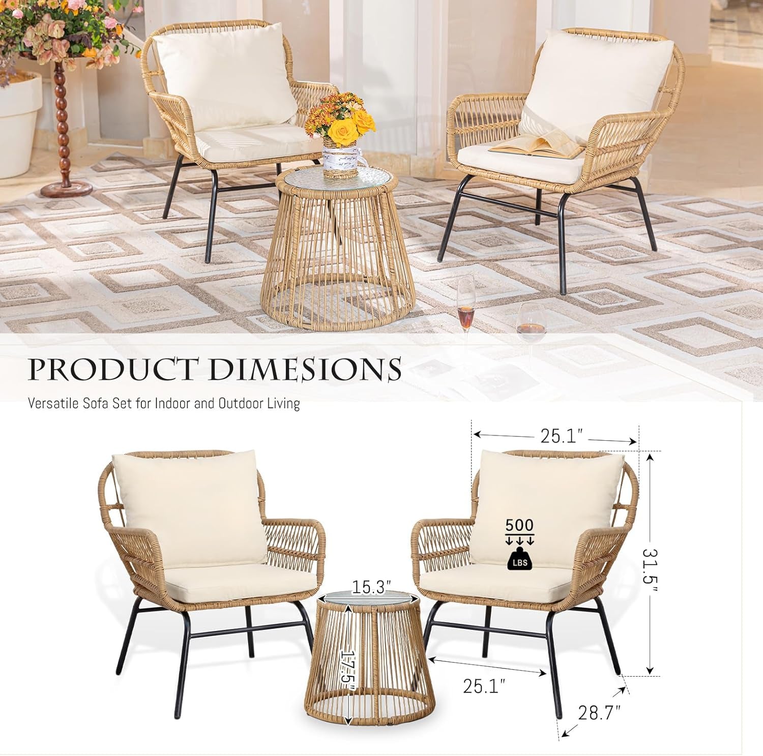 Set of 3 Boho Outdoor Patio Furniture Sets with round Tempered Glass Table, Small Size Wicker Conversation Sectional Chair Sets for Backyard, Porch, Deck, Garden, Balcony-4