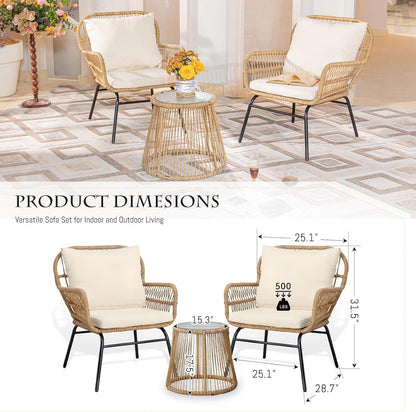 Set of 3 Boho Outdoor Patio Furniture Sets with round Tempered Glass Table, Small Size Wicker Conversation Sectional Chair Sets for Backyard, Porch, Deck, Garden, Balcony-4