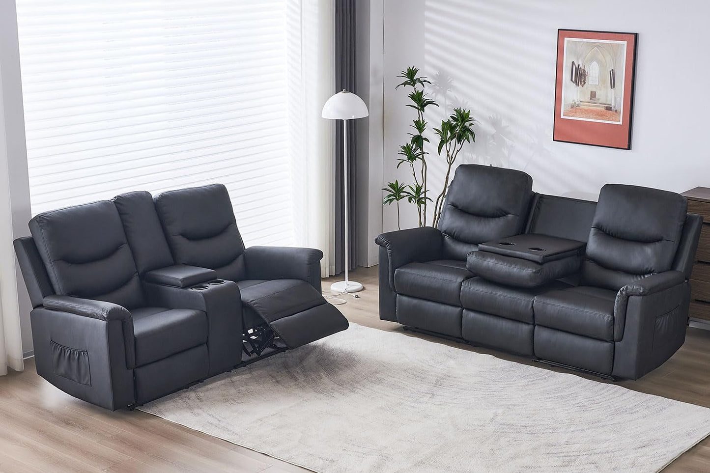 2 Pieces Recliner Sofa Set, Manual Recliner Sofa Set for Living Room Furniture Sets, Reclining Sofa and Loveseat Set, Reclining Loveseat Sofa with Console & Cup Houlders for Living Room-0