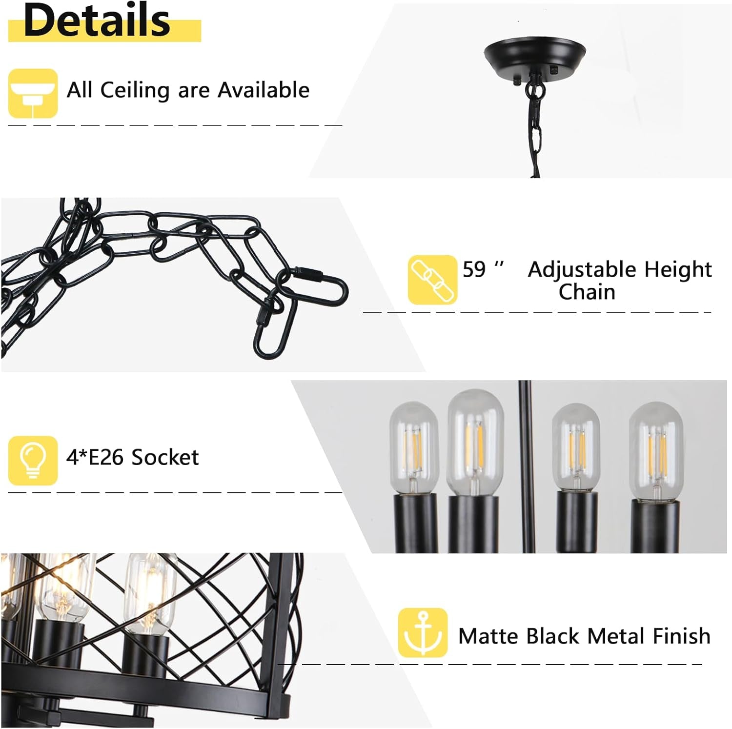 Black Industrial Chandelier 4 Light Drum Fixture Living Room-2