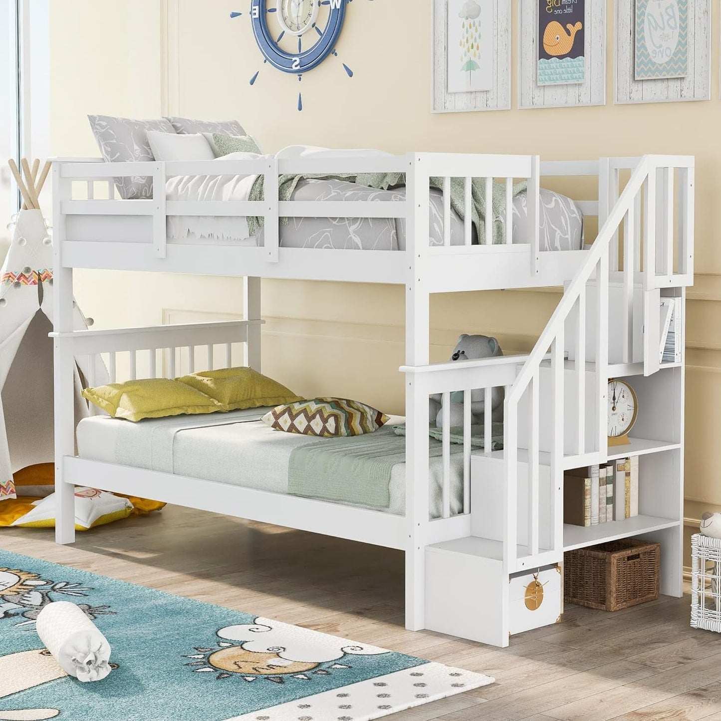 Twin over Twin Bunk Bed with Stairs, Solid Wood Bunk Bed Frame with Storage for Kids Teens Adults Bedroom Dorm - White-2