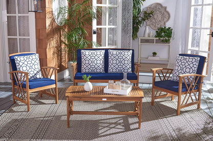 Outdoor Collection Fontana Natural/ Navy Blue Cushions/ Geometric Pattern Pillows 4-Piece Conversation Patio Set-0