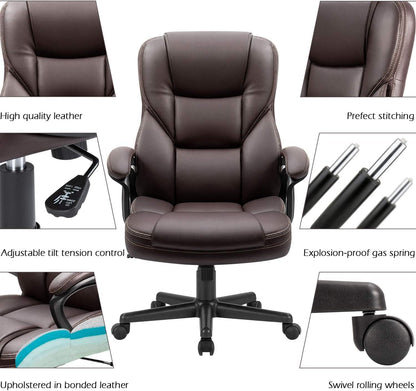 Office Executive Chair High Back Adjustable Managerial Home Desk Chair, Swivel Computer PU Leather Chair with Lumbar Support (Brown)-3